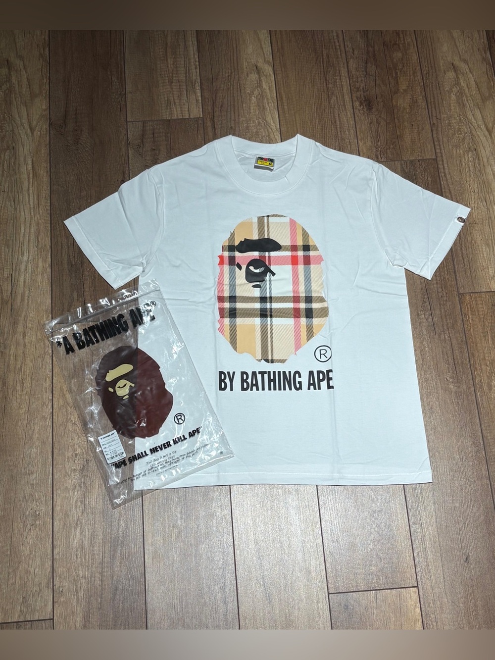 A Bathing Ape BAPE x Burberry White Tee Shirt Ape Logo Brand New